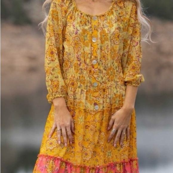 Anthropologie Boho Maxi dress tiered, 3/4 sheer sleeves - Picture 1 of 5